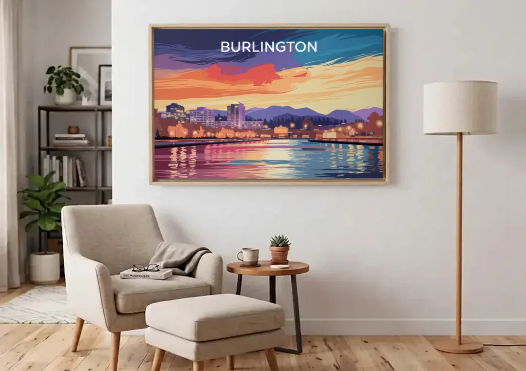 Burlington Skyline At Sunset canvas wall art above an armchair in a bright living room