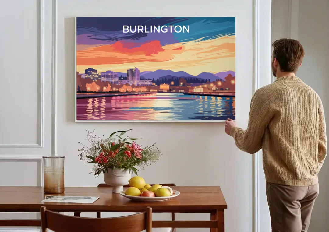 Burlington Skyline At Sunset canvas wall art above a dining table