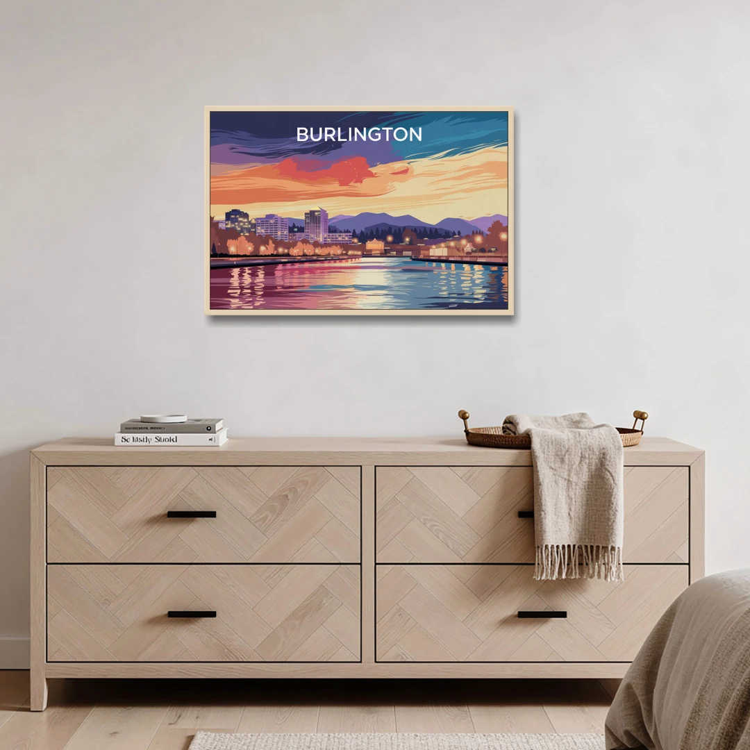 Burlington Skyline At Sunset - Oak Framed Canvas Wall Art - Coffee Table - 36x24
