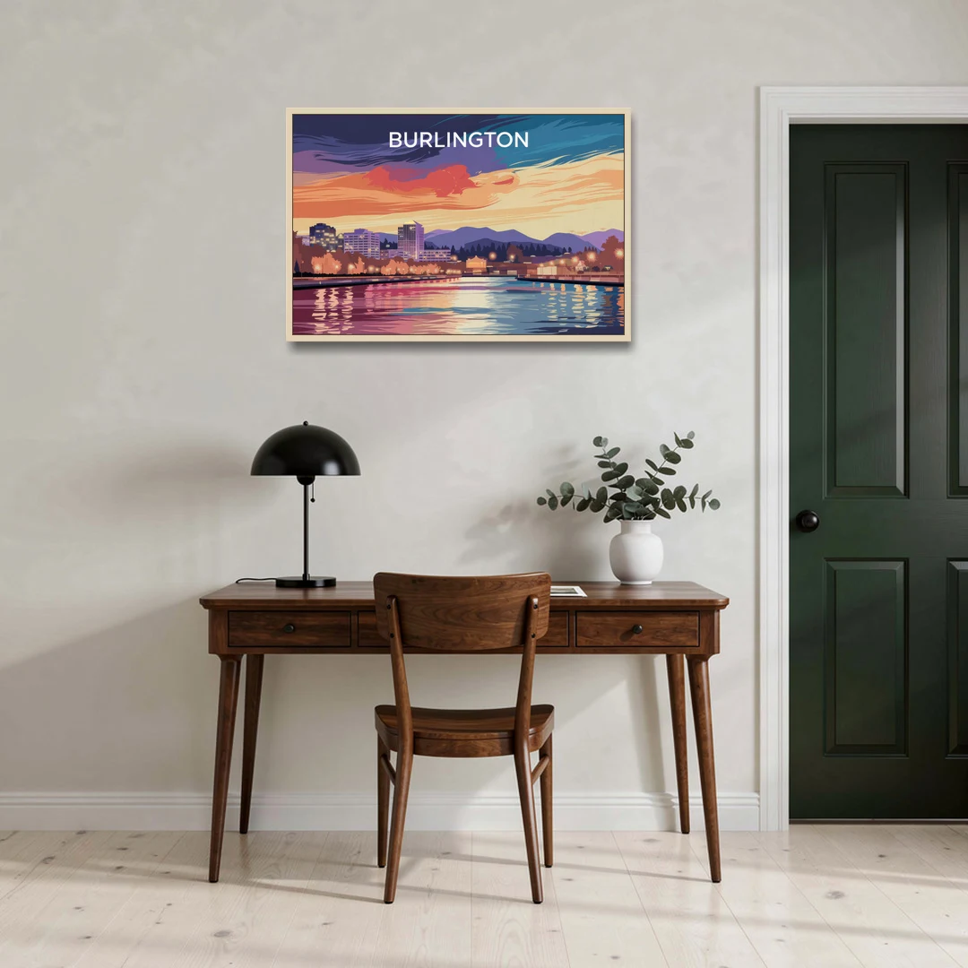 Burlington Skyline At Sunset - Oak Framed Canvas Wall Art - Office - 36x24