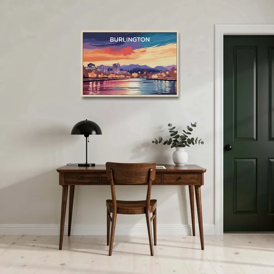 Burlington Skyline At Sunset - Oak Framed Canvas Wall Art - Office - 36x24