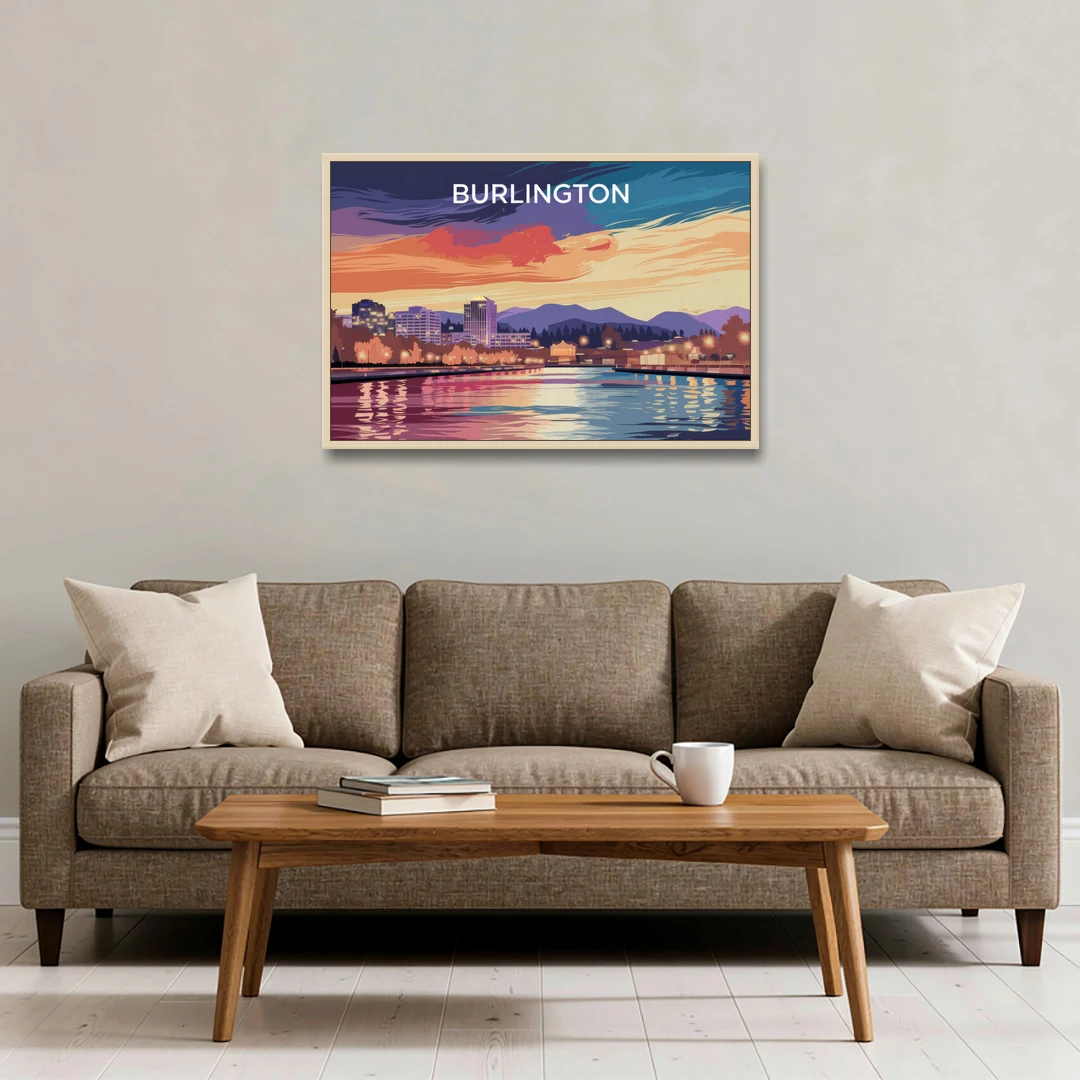Burlington Skyline At Sunset - Oak Framed Canvas Wall Art - Sofa - 36x24
