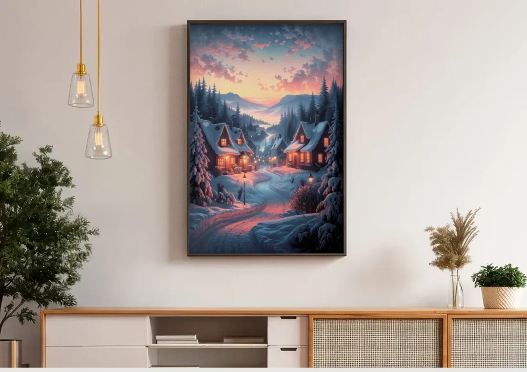 Burlington Snowy Winter Scenes canvas wall art above a wooden sideboard under pendant lights