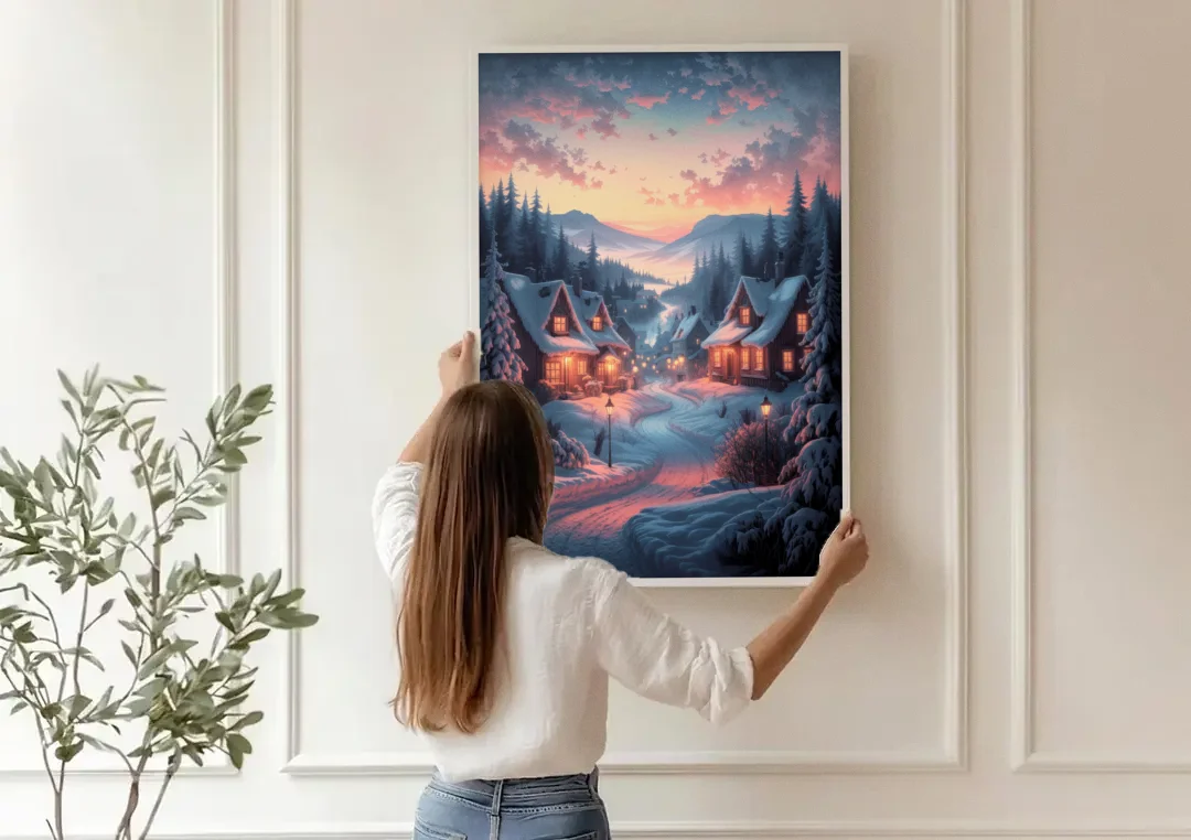 Burlington Snowy Winter Scenes canvas wall art being hung on a paneled wall
