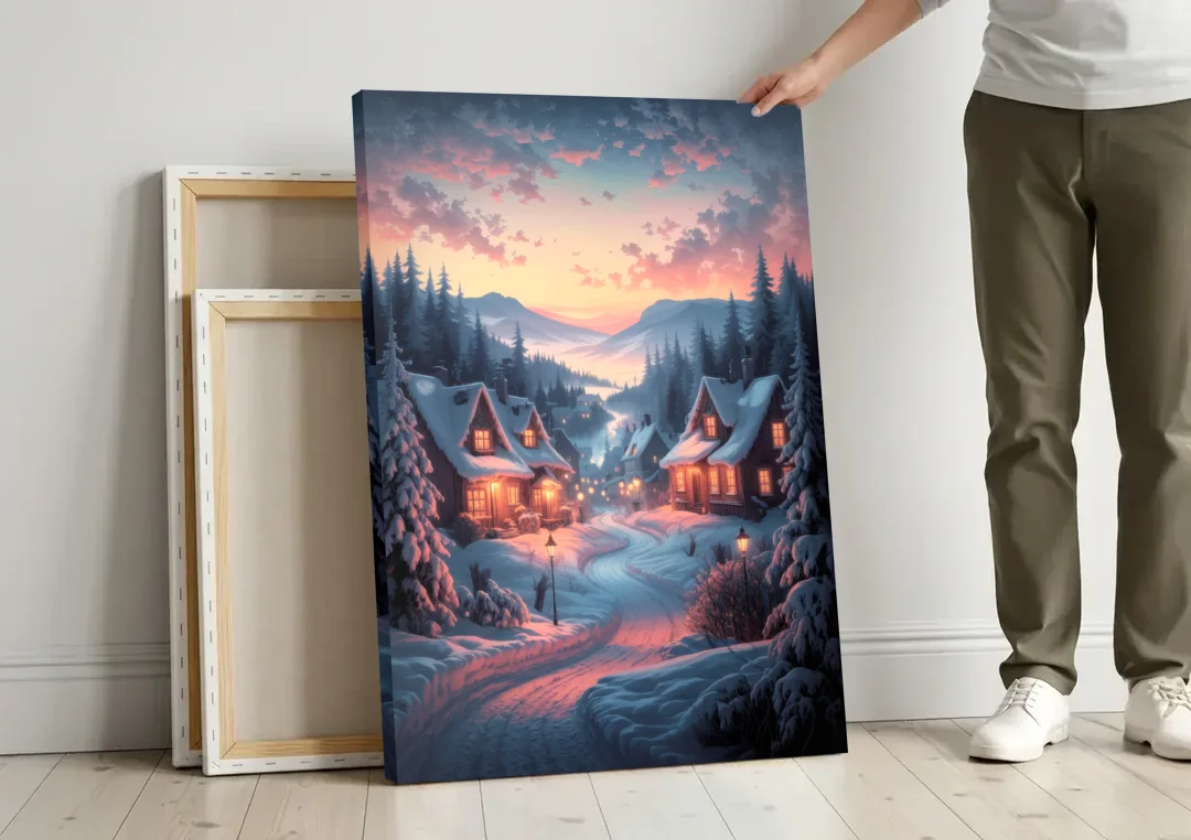 Burlington Snowy Winter Scenes canvas wall art leaning against a wall next to blank canvases