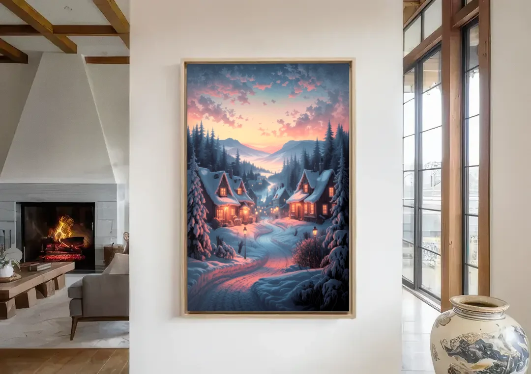 Burlington Snowy Winter Scenes canvas wall art in a living room with a fireplace