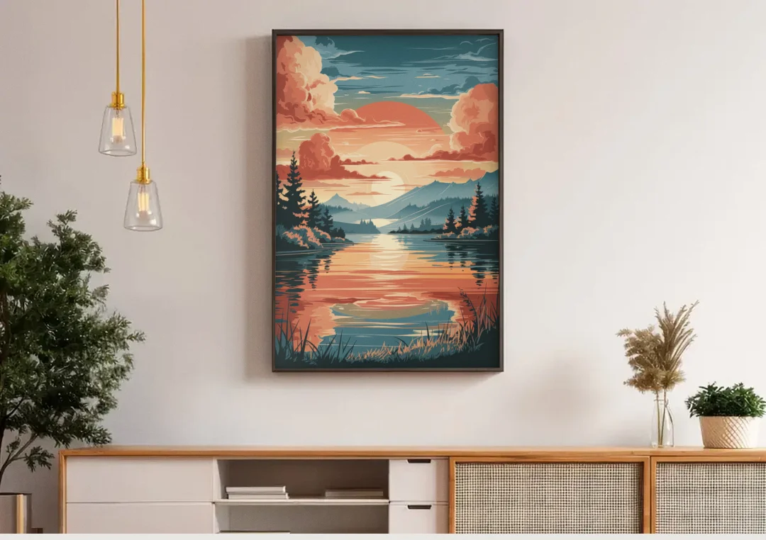 Burlington Sunset Reflections canvas wall art above a wooden sideboard under pendant lights