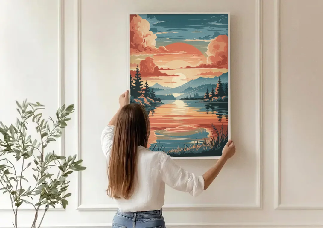Burlington Sunset Reflections canvas wall art being hung on a paneled wall