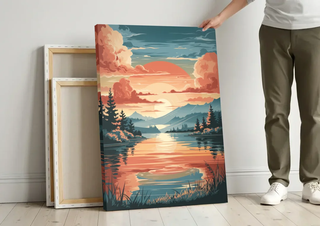 Burlington Sunset Reflections canvas wall art leaning against a wall next to blank canvases