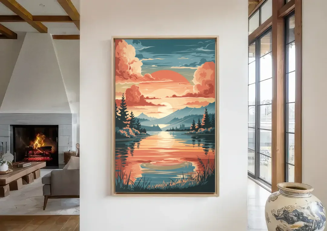 Burlington Sunset Reflections canvas wall art in a living room with a fireplace