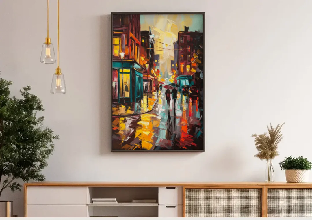 Burlington Urban Street Scenes canvas wall art above a wooden sideboard under pendant lights