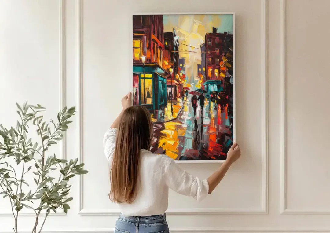 Burlington Urban Street Scenes canvas wall art being hung on a paneled wall
