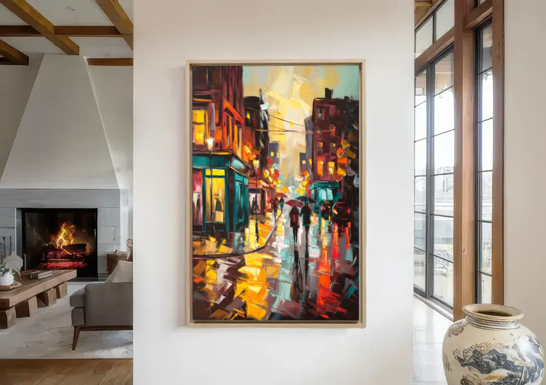 Burlington Urban Street Scenes canvas wall art in a living room with a fireplace