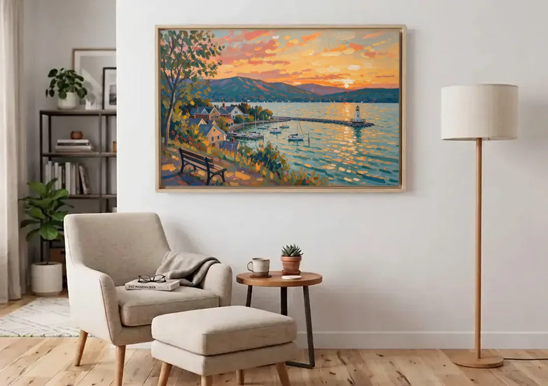 Burlington Waterfront Views canvas wall art above an armchair in a bright living room