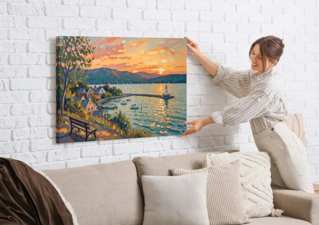Burlington Waterfront Views canvas wall art being hung on a white brick wall above a sofa
