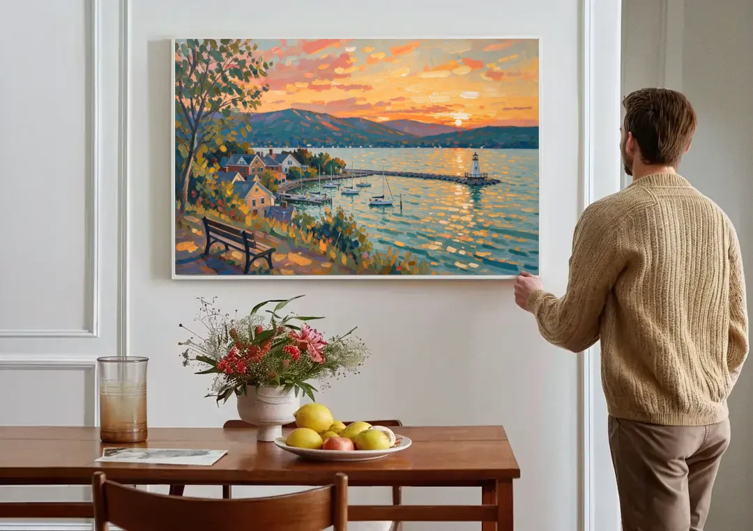 Burlington Waterfront Views canvas wall art above a dining table