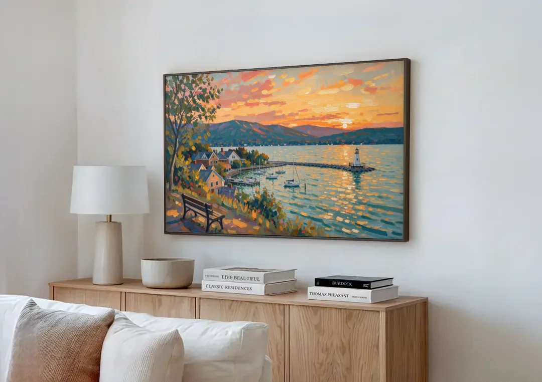 Burlington Waterfront Views canvas wall art above a wooden sideboard next to a sofa
