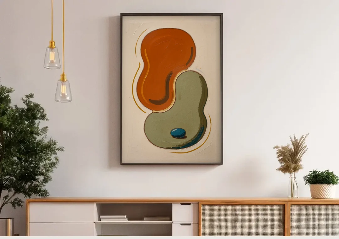 Burnt Orange Abstract Wall Art with Sage Interlock canvas wall art above a wooden sideboard under pendant lights