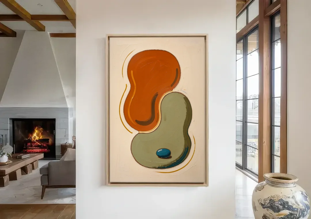 Burnt Orange Abstract Wall Art with Sage Interlock canvas wall art in a living room with a fireplace