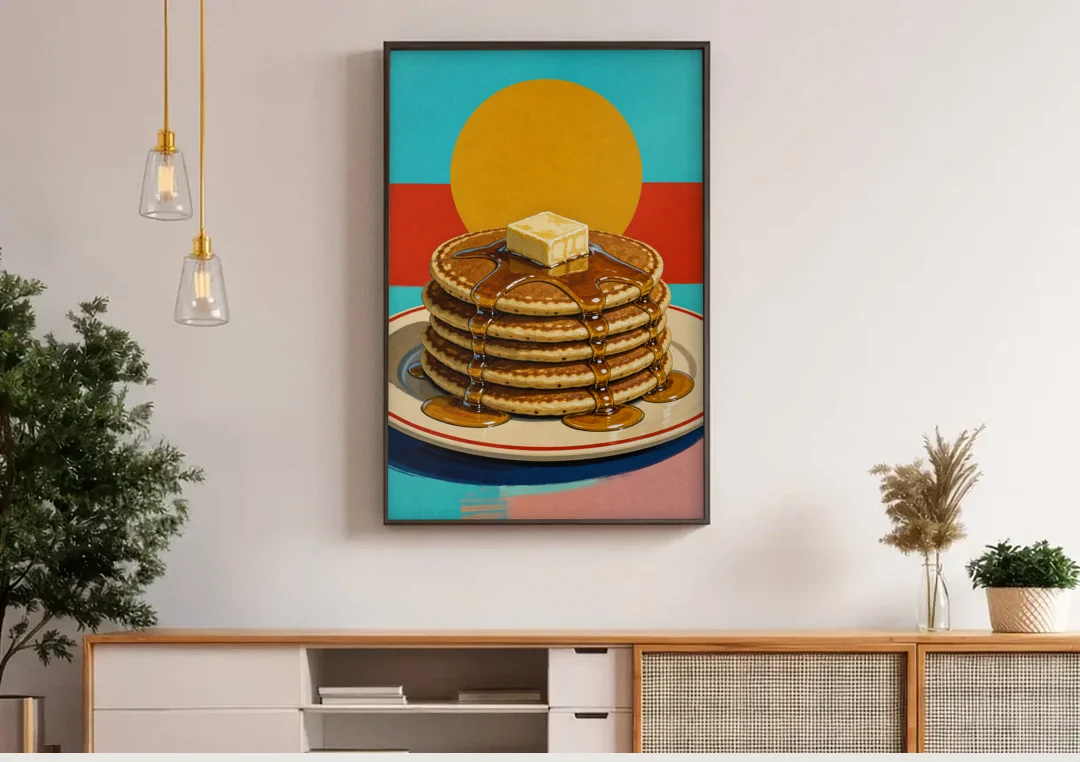 Buttered Pancake Tower for Breakfast canvas wall art above a wooden sideboard under pendant lights