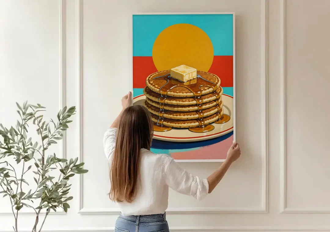 Buttered Pancake Tower for Breakfast canvas wall art being hung on a paneled wall