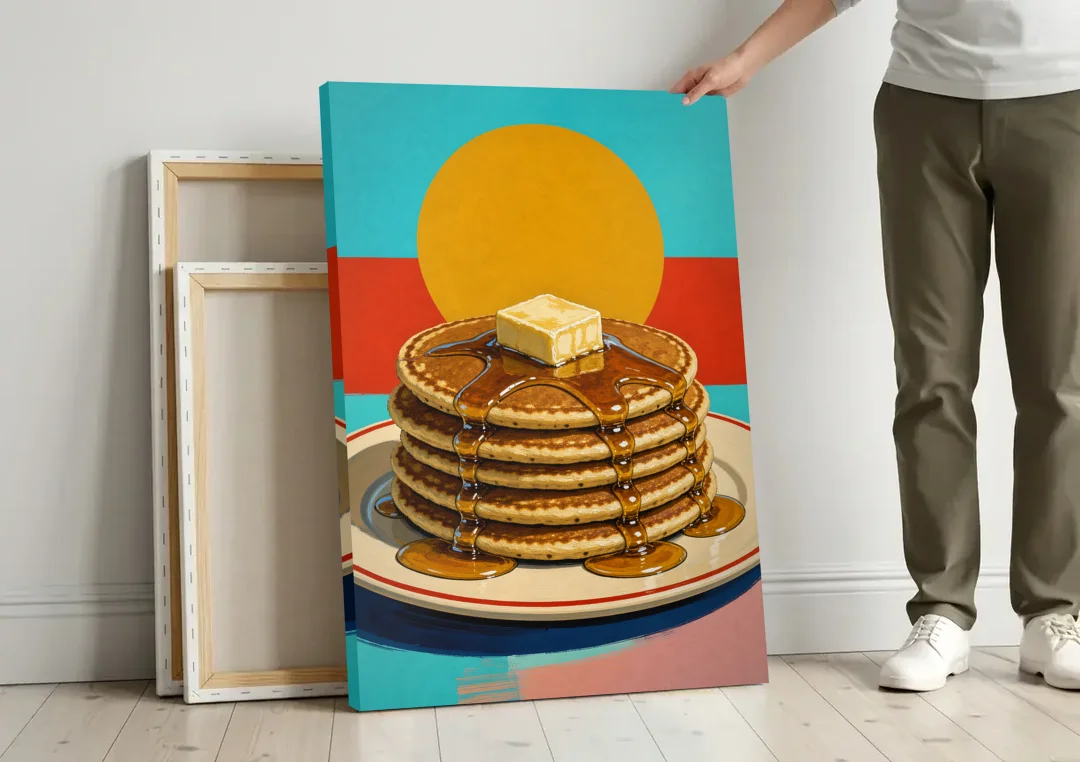 Buttered Pancake Tower for Breakfast canvas wall art leaning against a wall next to blank canvases