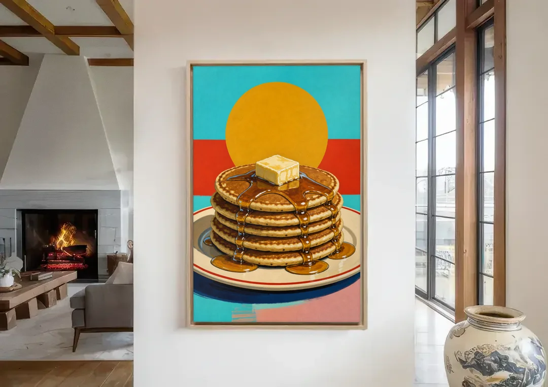 Buttered Pancake Tower for Breakfast canvas wall art in a living room with a fireplace