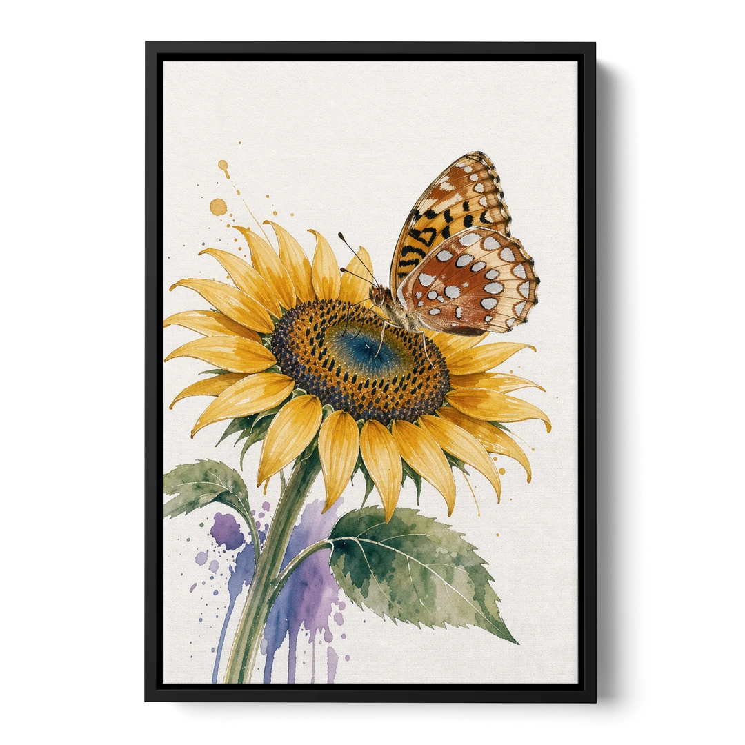Butterfly and Flower Painting with Fritillary on Sunflower - Black Framed Canvas Wall Art - Front