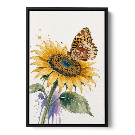Butterfly and Flower Painting with Fritillary on Sunflower - Black Framed Canvas Wall Art - Front