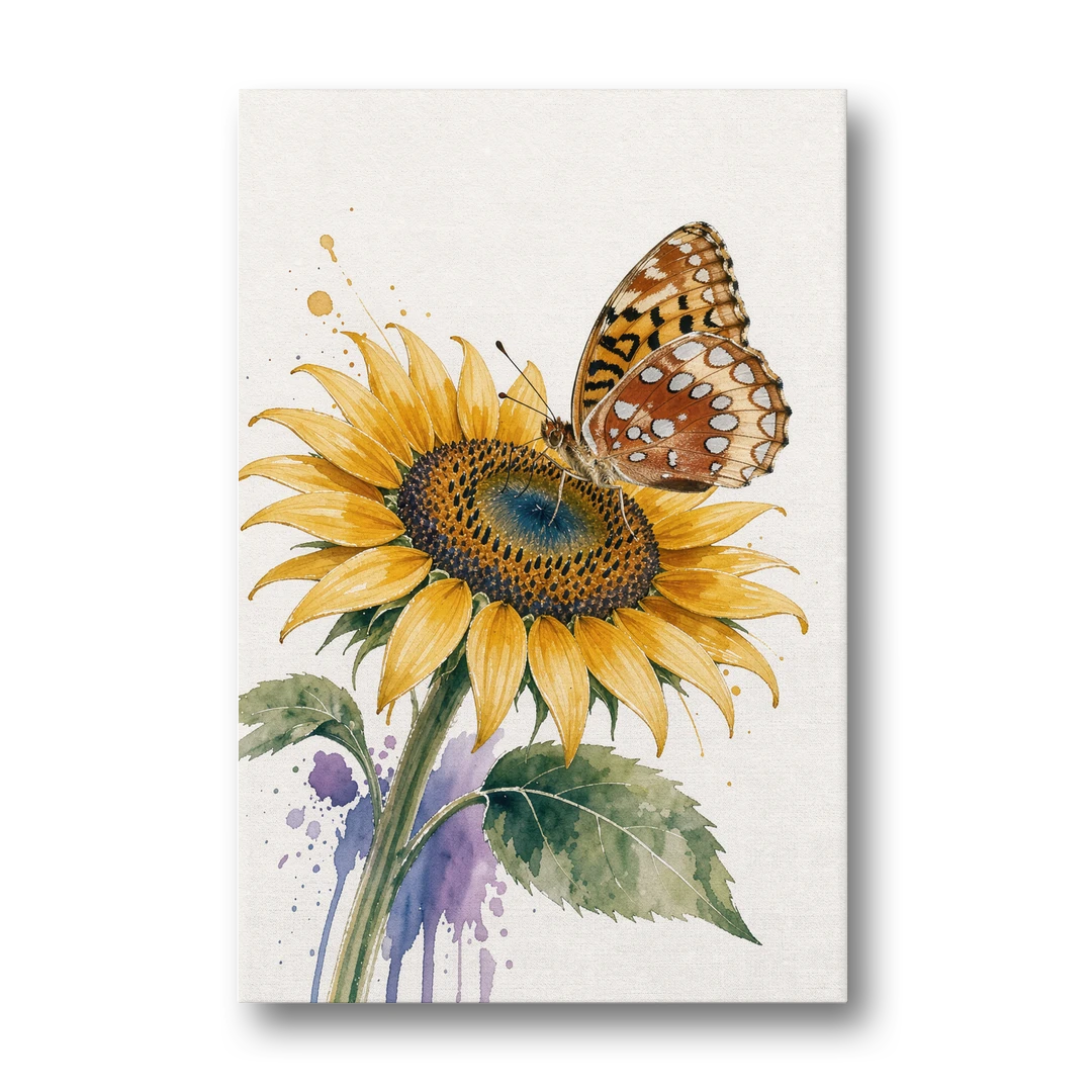 Butterfly and Flower Painting with Fritillary on Sunflower - Canvas Wall Art - Front