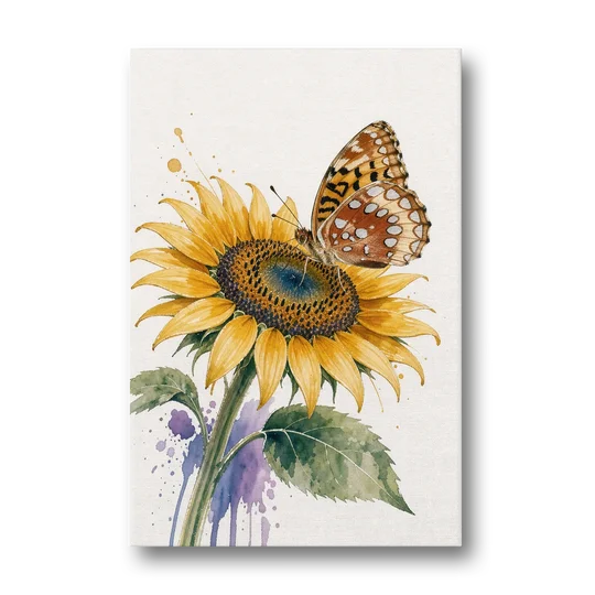Butterfly and Flower Painting with Fritillary on Sunflower - Canvas Wall Art - Front