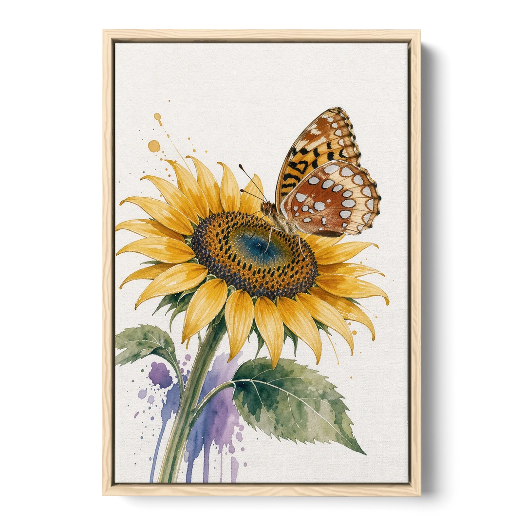 Butterfly and Flower Painting with Fritillary on Sunflower - Oak Framed Canvas Wall Art - Front