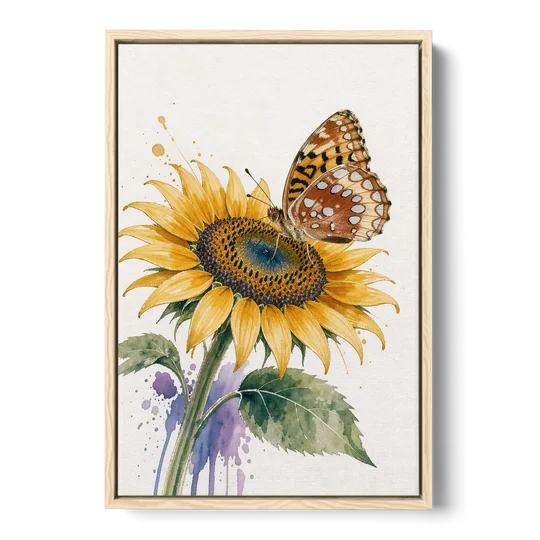Butterfly and Flower Painting with Fritillary on Sunflower - Oak Framed Canvas Wall Art - Front