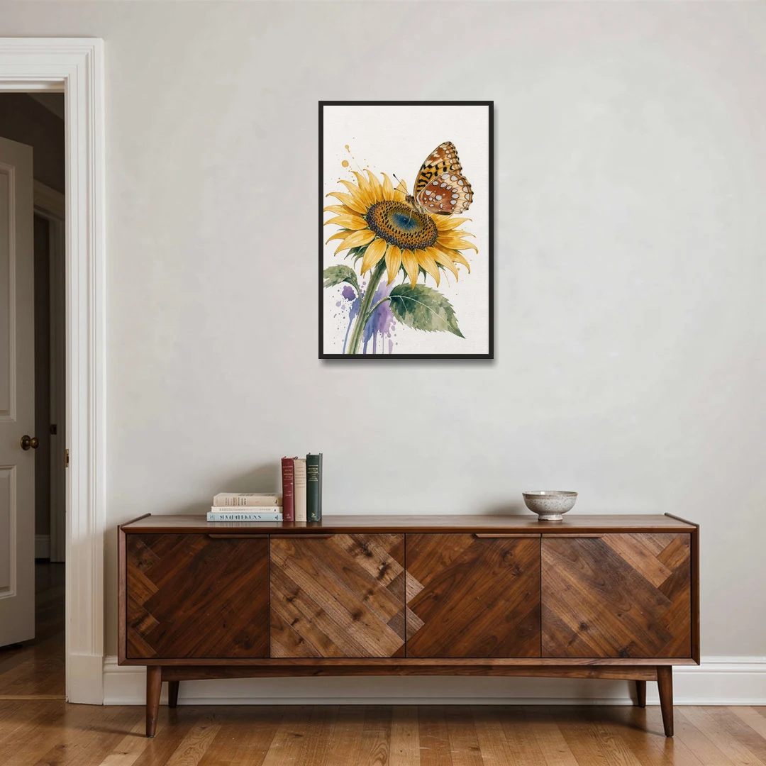 Butterfly and Flower Painting with Fritillary on Sunflower - Black Framed Canvas Wall Art - Coffee Table - 24x36