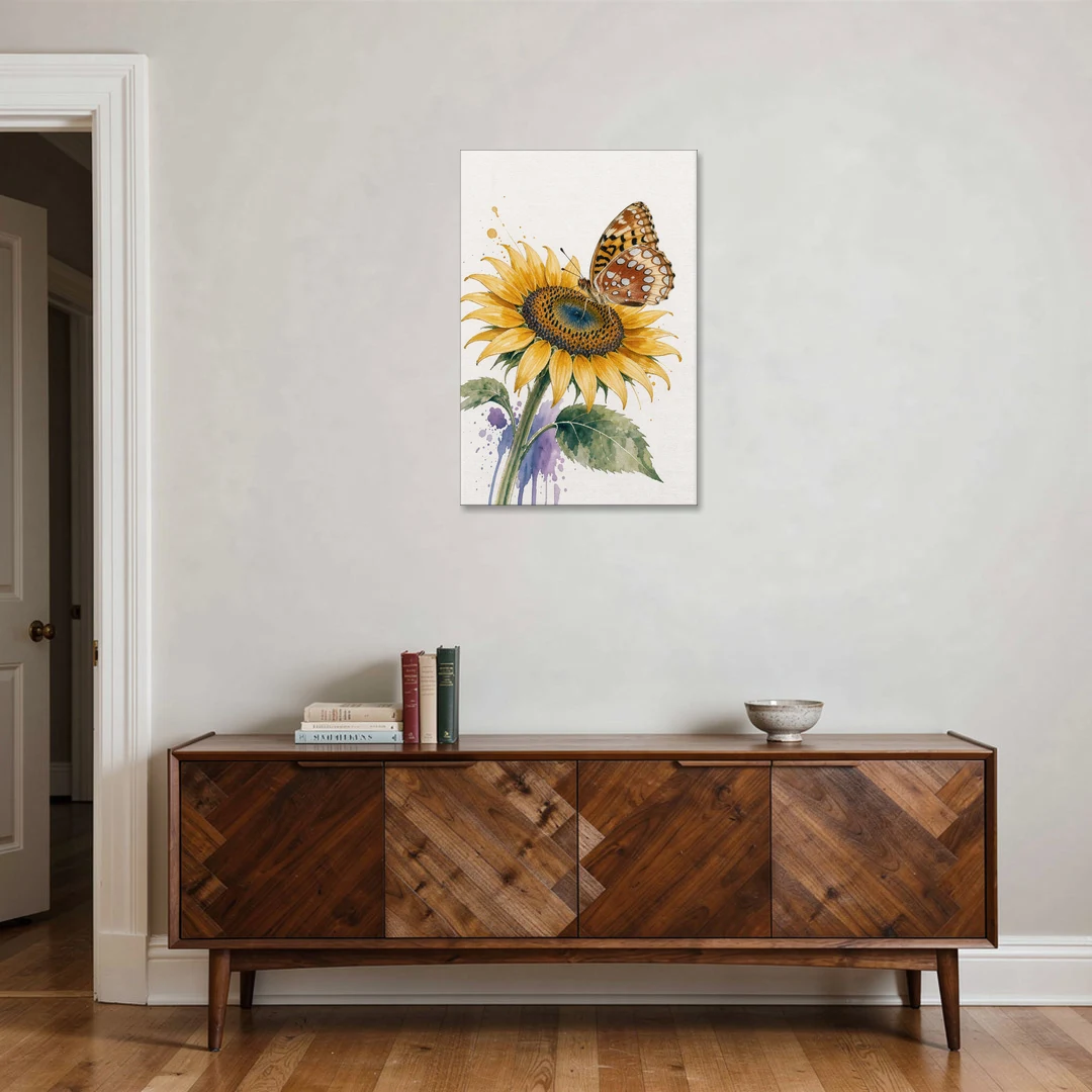 Butterfly and Flower Painting with Fritillary on Sunflower - Canvas Wall Art - Coffee Table - 24x36