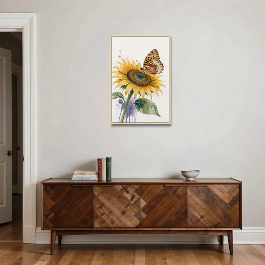 Butterfly and Flower Painting with Fritillary on Sunflower - Oak Framed Canvas Wall Art - Coffee Table - 24x36