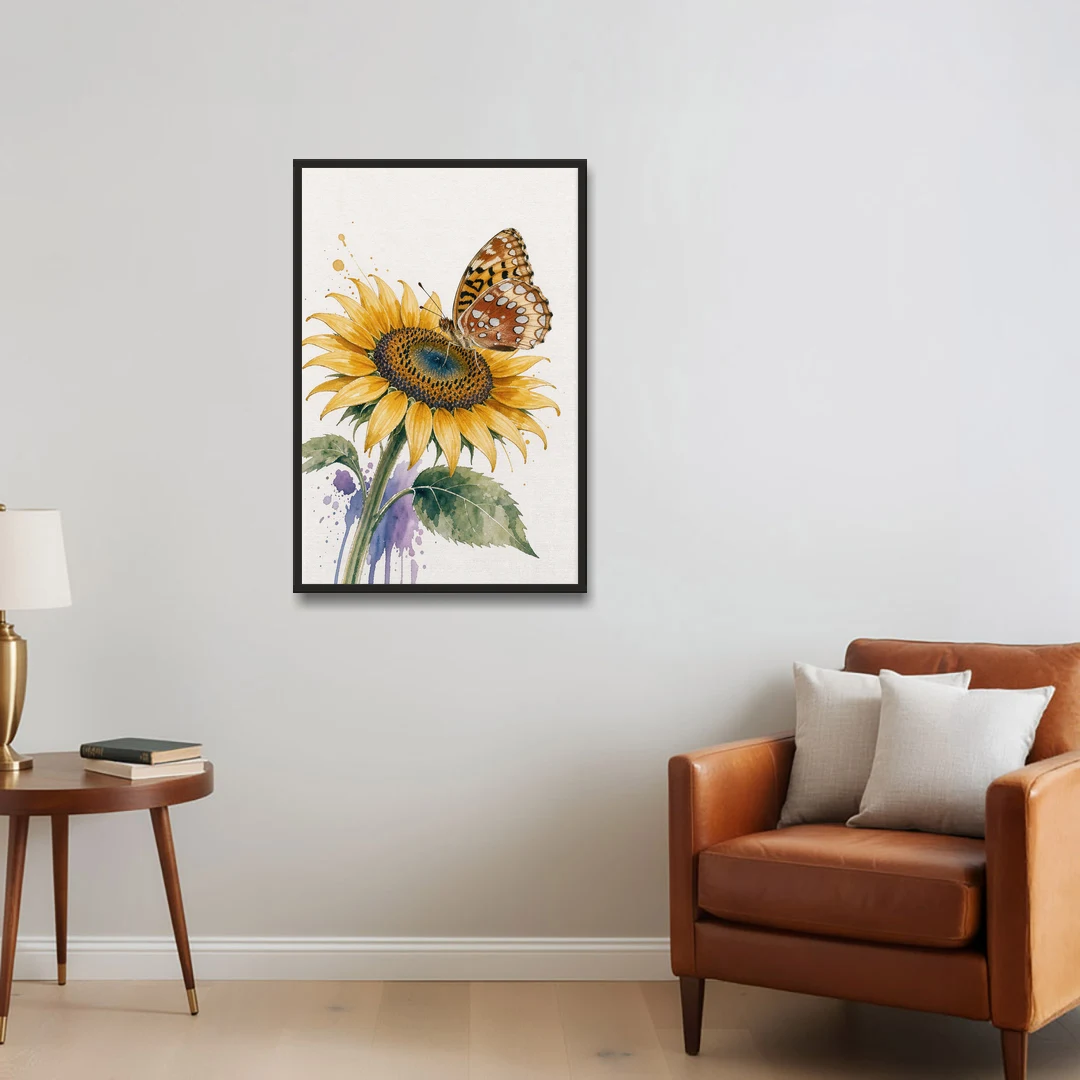 Butterfly and Flower Painting with Fritillary on Sunflower - Black Framed Canvas Wall Art - Sofa - 24x36
