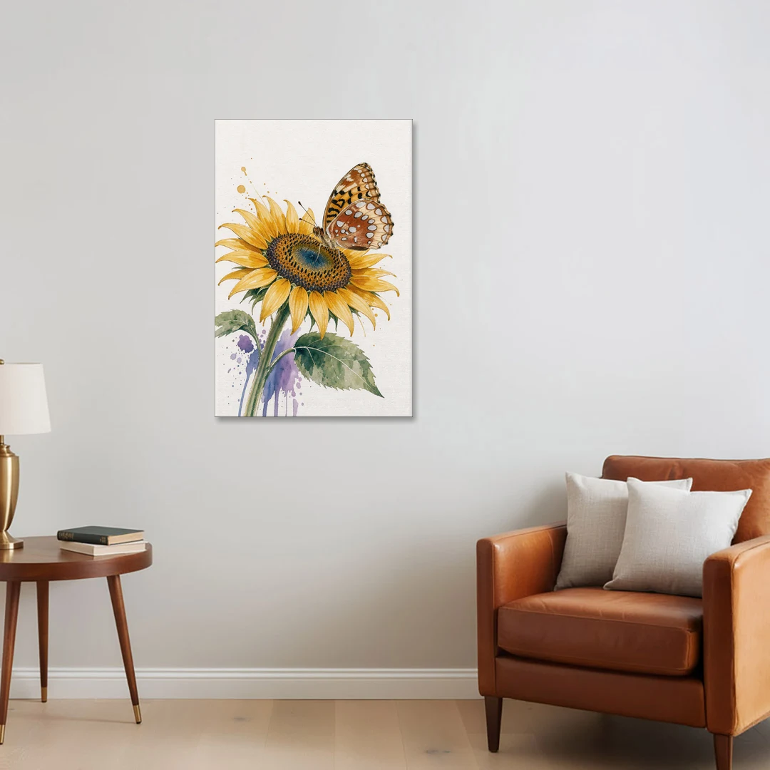 Butterfly and Flower Painting with Fritillary on Sunflower - Canvas Wall Art - Sofa - 24x36