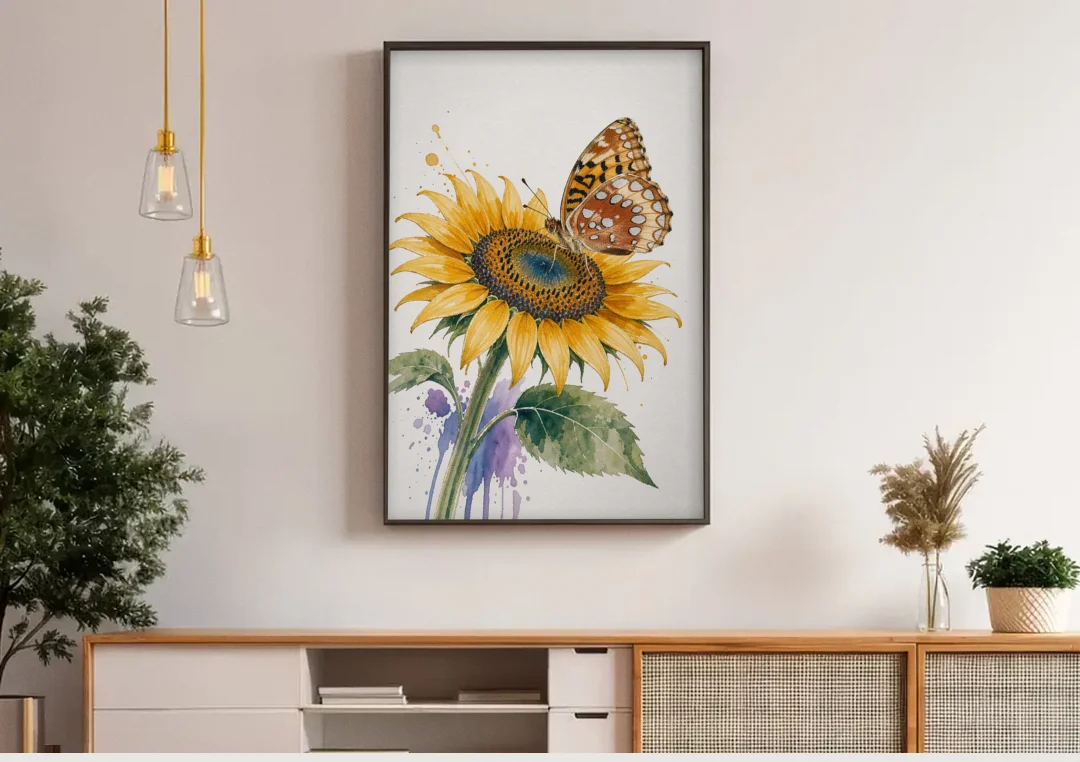 Butterfly and Flower Painting with Fritillary on Sunflower canvas wall art above a wooden sideboard under pendant lights