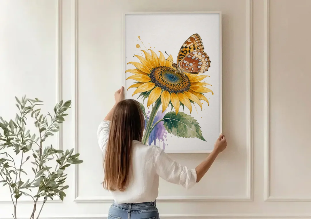 Butterfly and Flower Painting with Fritillary on Sunflower canvas wall art being hung on a paneled wall