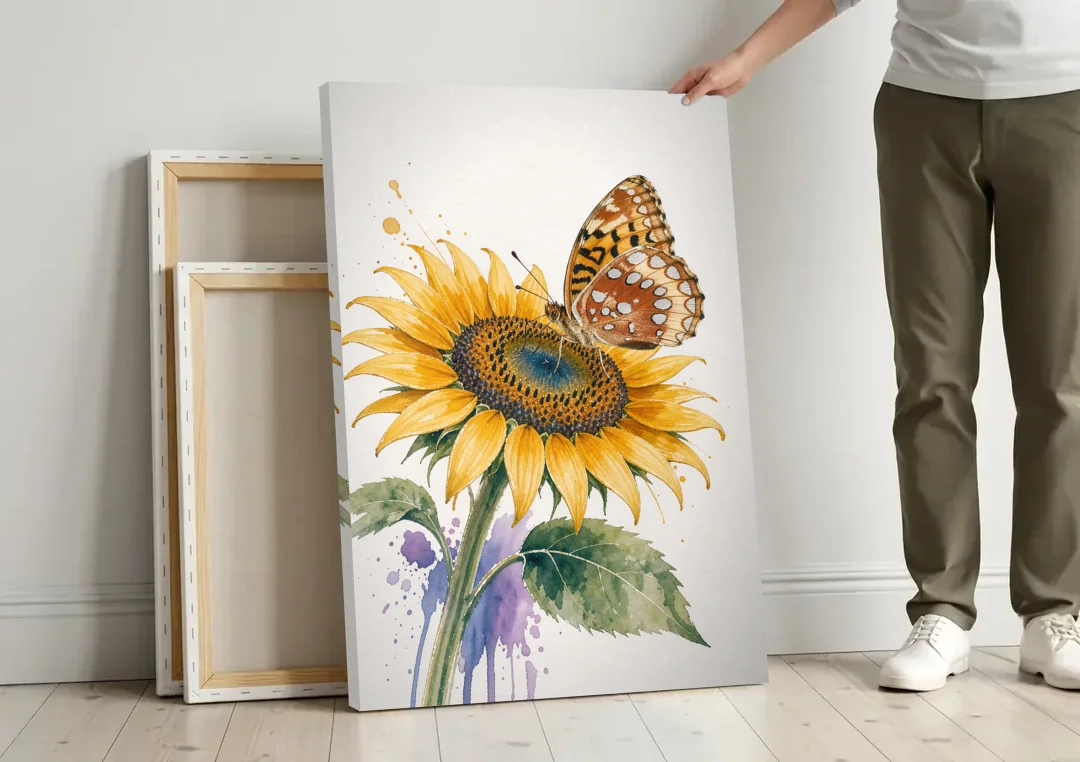 Butterfly and Flower Painting with Fritillary on Sunflower canvas wall art leaning against a wall next to blank canvases
