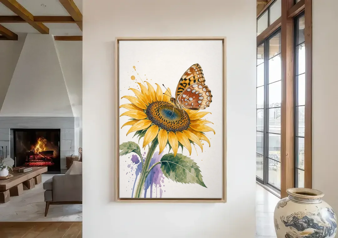 Butterfly and Flower Painting with Fritillary on Sunflower canvas wall art in a living room with a fireplace