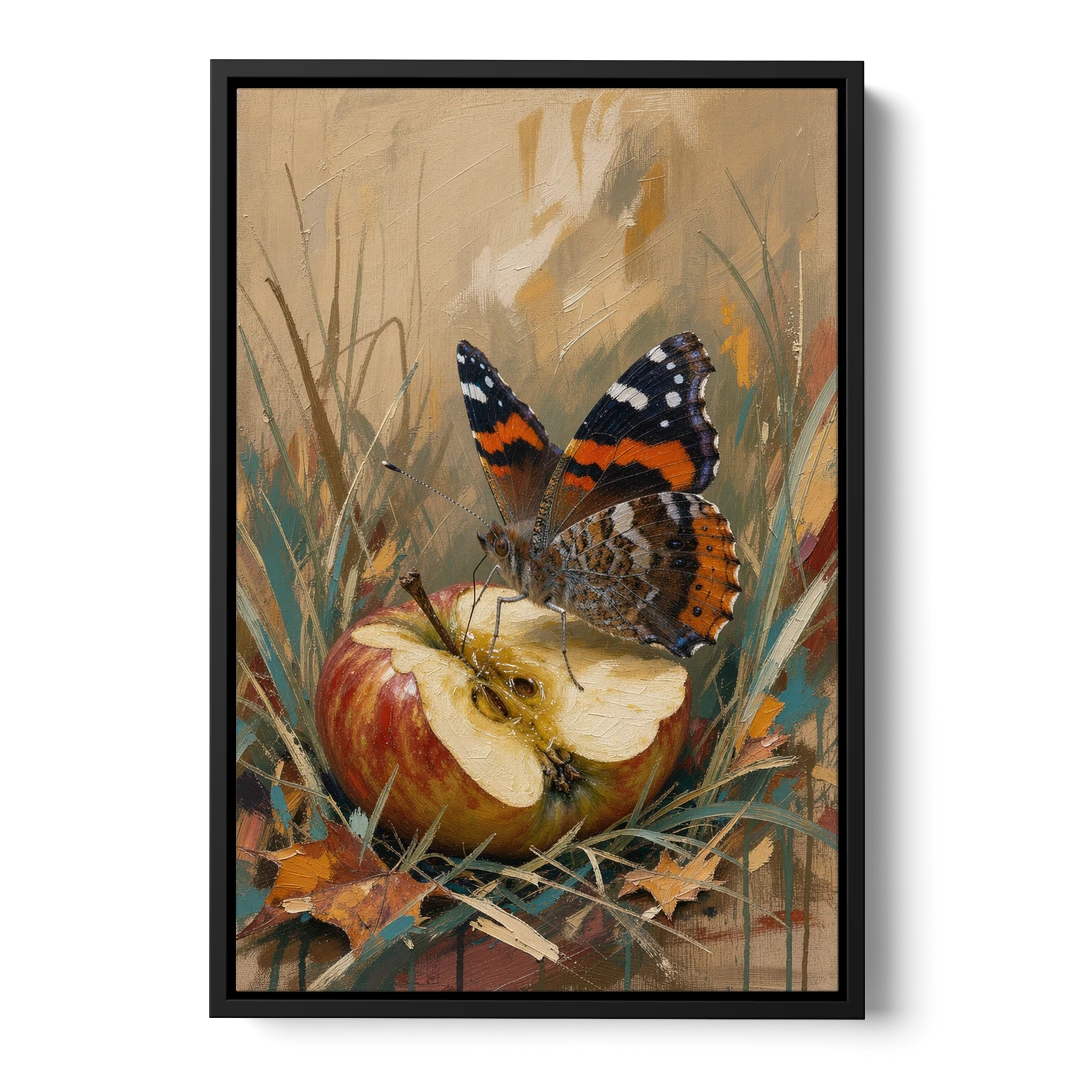 Butterfly Art Prints Red Admiral on a Windfall Apple - Black Framed Canvas Wall Art - Front