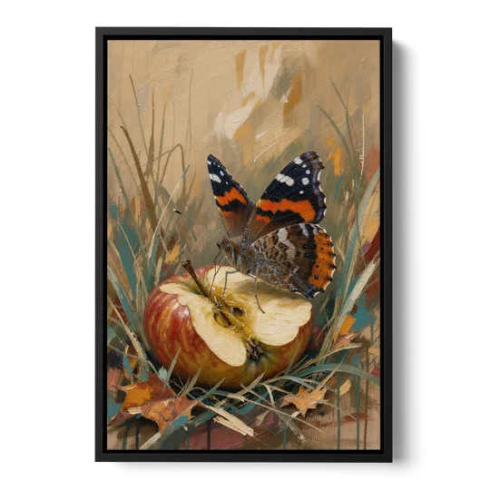 Butterfly Art Prints Red Admiral on a Windfall Apple - Black Framed Canvas Wall Art - Front