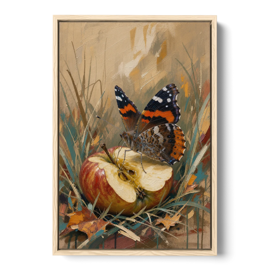Butterfly Art Prints Red Admiral on a Windfall Apple - Oak Framed Canvas Wall Art - Front