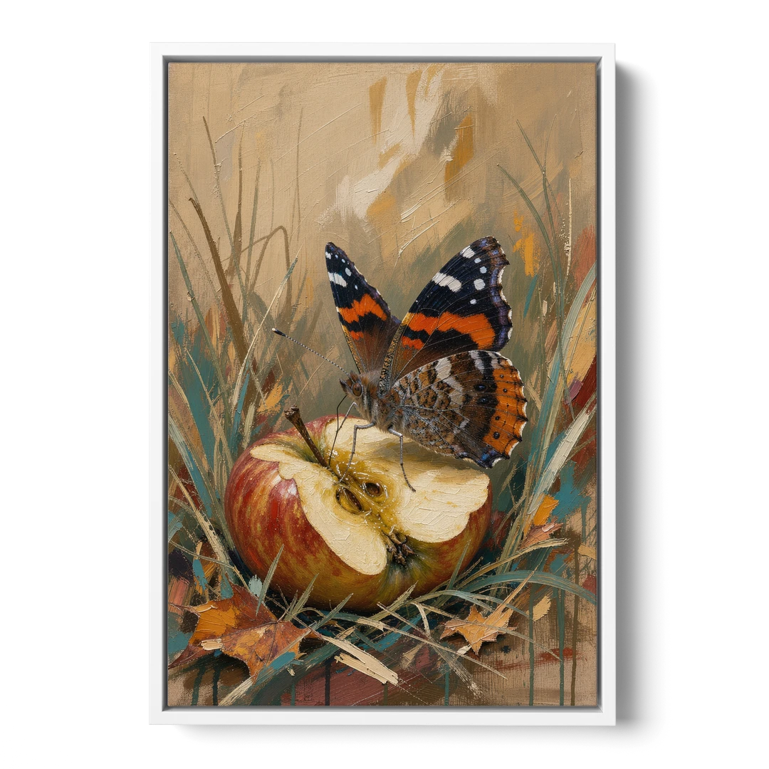 Butterfly Art Prints Red Admiral on a Windfall Apple - White Framed Canvas Wall Art - Front
