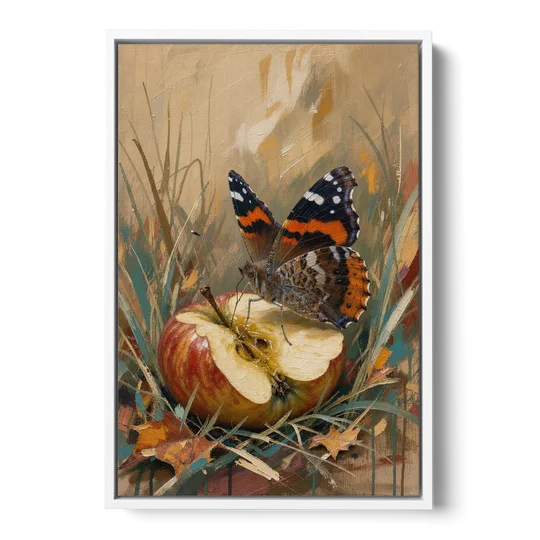 Butterfly Art Prints Red Admiral on a Windfall Apple - White Framed Canvas Wall Art - Front