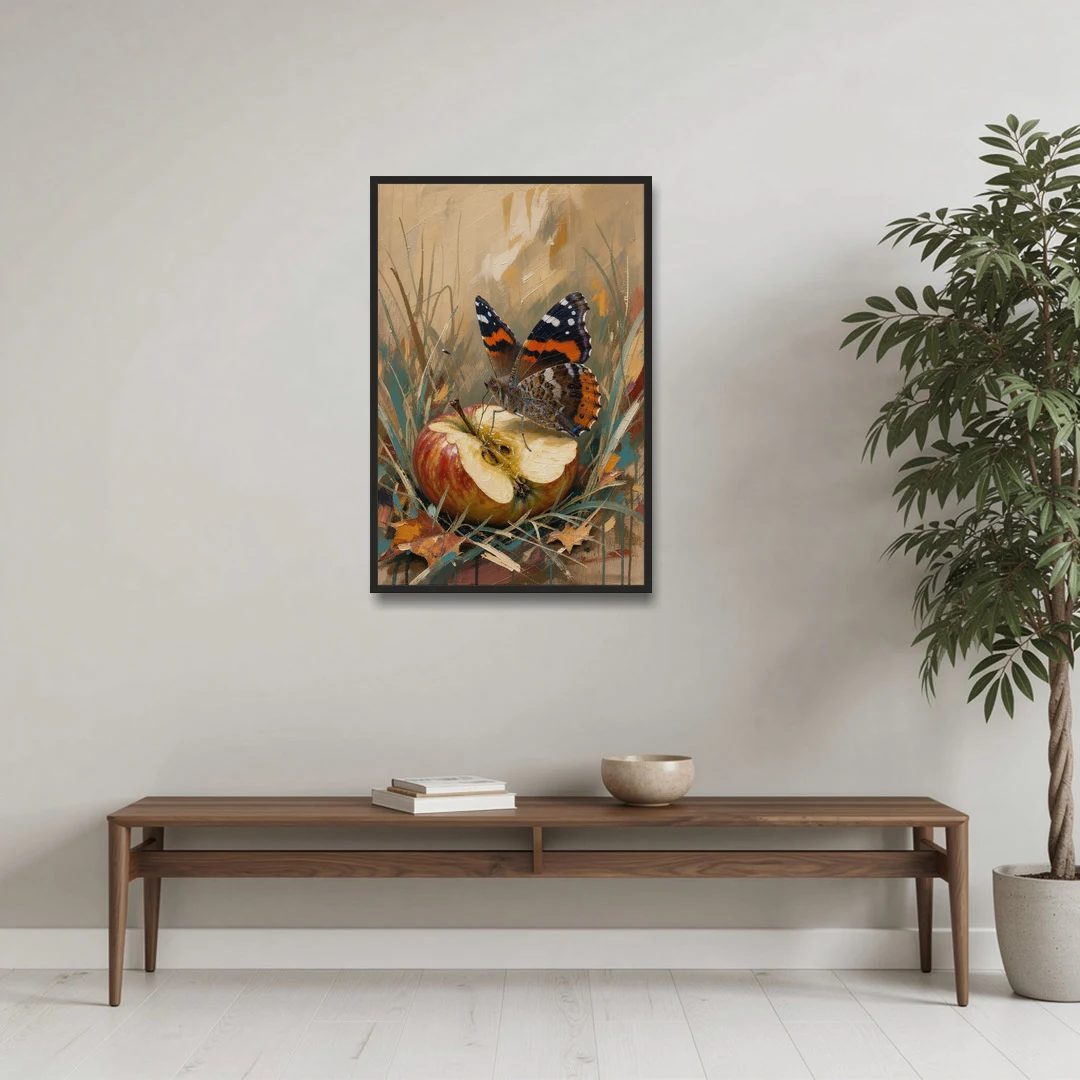 Butterfly Art Prints Red Admiral on a Windfall Apple - Black Framed Canvas Wall Art - Coffee Table - 24x36