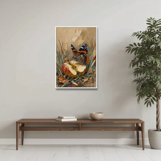 Butterfly Art Prints Red Admiral on a Windfall Apple - White Framed Canvas Wall Art - Coffee Table - 24x36