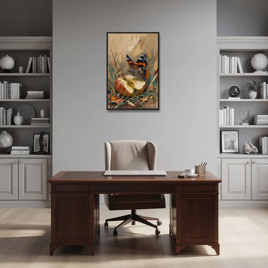 Butterfly Art Prints Red Admiral on a Windfall Apple - Black Framed Canvas Wall Art - Office - 24x36